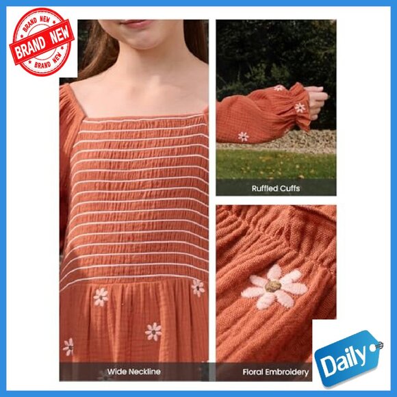 Girls Maxi Dress Boho Floral Long Sleeves Smocked Square Neck 5-14Y - Picture 6 of 7